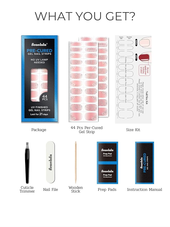 Pre Cured Gel Nail Strips - 44PCS Salon Quality Gel Nail Stickers - Long Lasting Polish Wraps for Women no UV Light Needed Easy Apply & Remove (Sparkle Pink