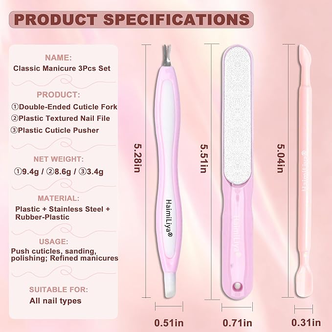 Classic 3Pcs Manicure Set, Gentle Plastic Pusher, Double-ended Cuticle Fork, Sandpaper File, At-Home Mani Essential, Pink