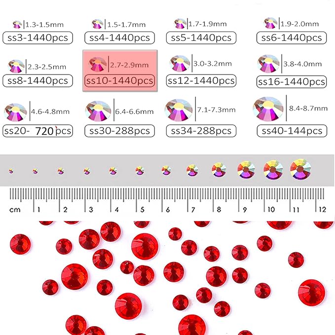 Dowarm 1440 Pieces SS10 Flatback Rhinestones, 2.8MM Flatback Crystal Rhinestones for Craft, Nails, Dance Costumes, Non Hotfix, Red/Siam