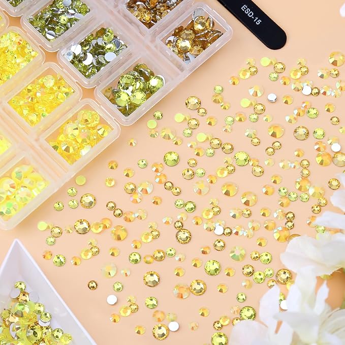 15000PCs 2-6MM Yellow Series Resin Flat Back Rhinestones, Round Non Hotfix Jelly & Silver Bottom Resin Rhinestones Nail Gems Stones with Tweezer & Picker Pen for Nail Art Tumblers & DIY Crafts