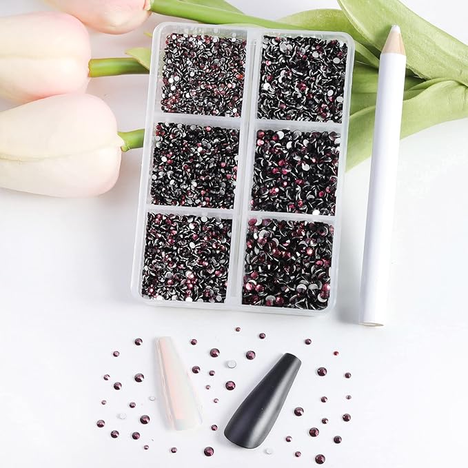 Beadsland 7200pcs Flatback Rhinestones,Burgundy Rhinestone Nail Gems Round Crystal Rhinestones for Crafts,Mixed 6 Sizes with Wax Pencil Kit, SS3-SS10,Amethyst