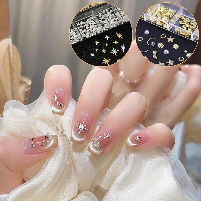 Gold Silver 3D Nail Charms, 2Boxes 24Grids Bow Star Nail Gems Nail Studs,Punk Metal Alloy Rivet Stickers Bowknot Nail Art Decorations Accessories for Nail Art Design DIY Crafts (Gold Silver F)