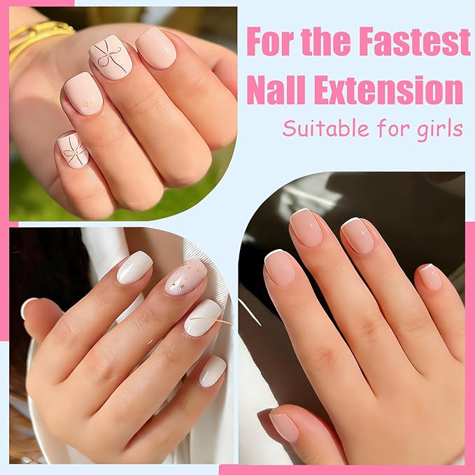 Short Square Press On Nails For Girl, 216Pcs Pre Etched Clear Press On Nails Kit For Kids,Full Cover False Nail with 3 in 1 Nail Glue, Fake Nails Extension Set for Home DIY 12size