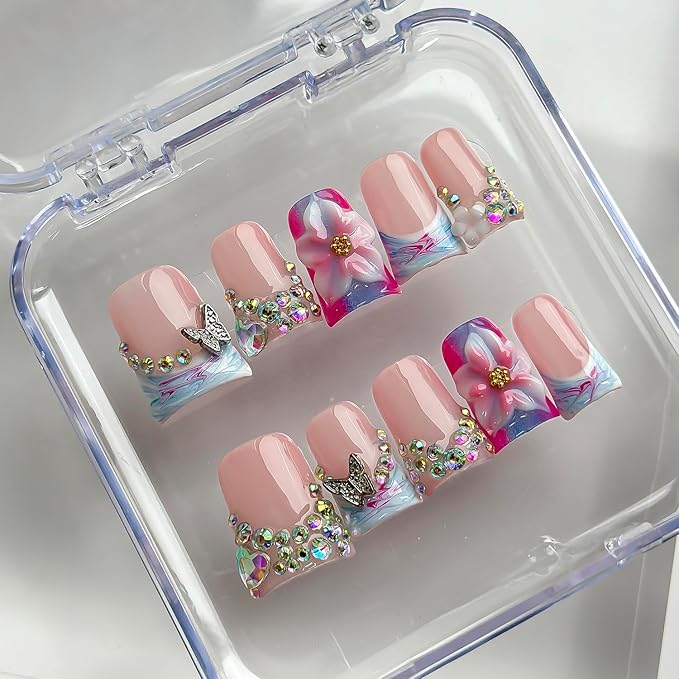 Luxury Press on Nails Short Duck Handmade 3D Unique Reusable ABS Material Fake Nails French Tip False Nails with Designs Flower Butterfly Blue Pink Glossy Glue on Nail Thick Acrylic Nail(S)
