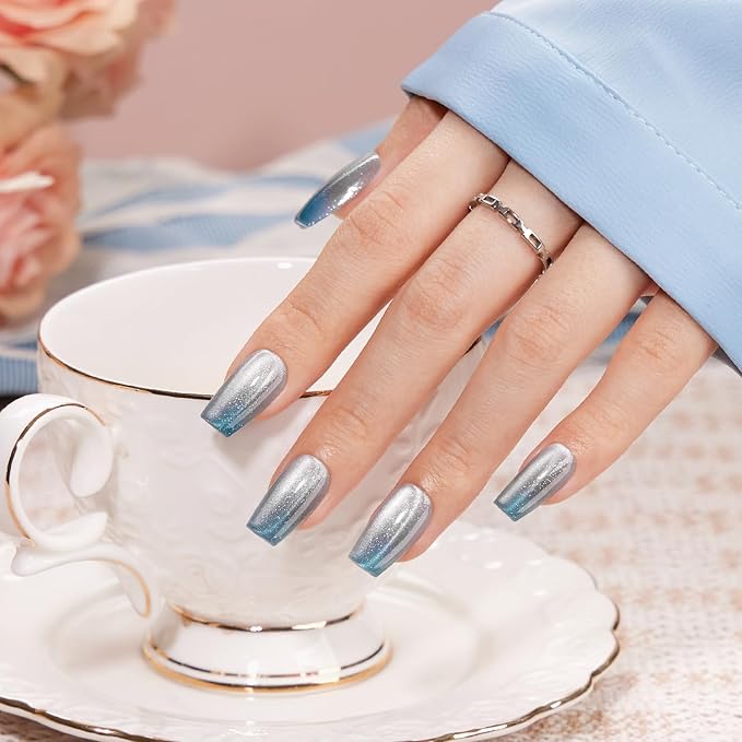 VSALON Press on Nails Medium Coffin, Ice Blue Cat Eye Chrome Shimmer Ombre Valentine Fake Nails, Reusable Soft Gel Semi-Transparent Glue on Nails, 32 Pcs in 16 Sizes Kits with Glue & Cuticle Oil
