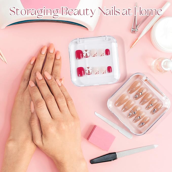 ISKYBOB 12 Packs Press On Nails Storage Boxes, Fake Nails Packing Cases With Tape White Display Box for Home DIY, Salon (3.3 x 3.3in)
