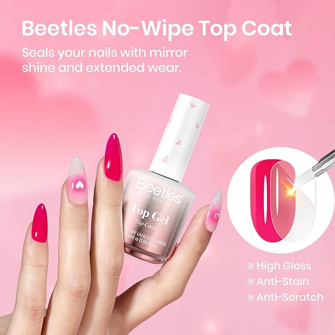 Beetles Gel Base and Top Coat Set Valentines Limited, 2Pcs 15ml No Wipe Top Coat Gel Nail Polish & Strong Adhesion Base Coat Long Lasting UV Lamp Needed Nail Art Design Manicure Gifts for Women