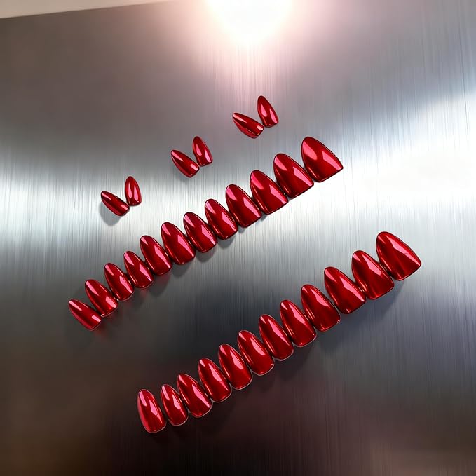 Chrome Press on Nails Short Almond, Metallic Red Fake Nails with a Sparkle Mirror Finish, Glitter Glue on Nails for Women Birthday Party, Thick Quality Soft Gel Nail Press ons 30 Pcs
