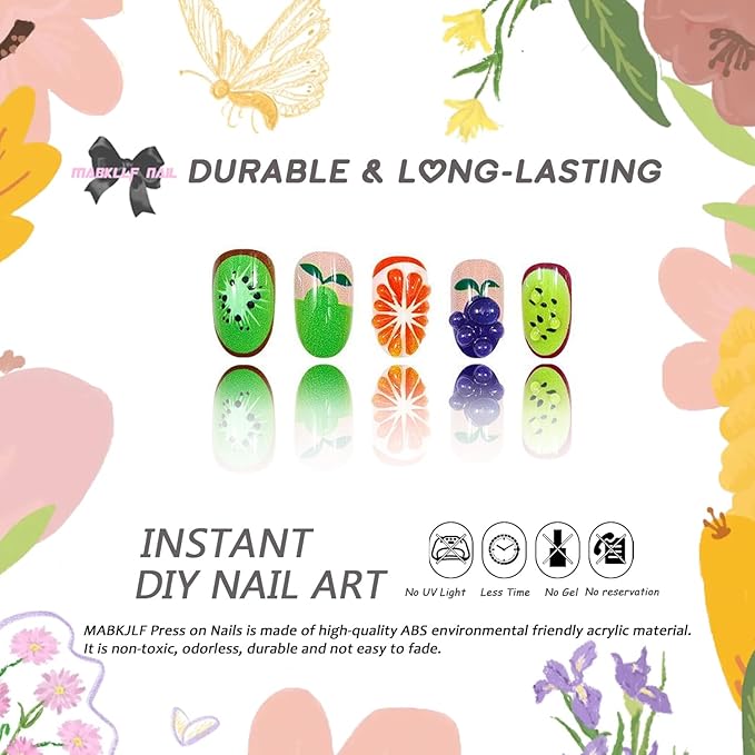 Short Oval Press on Nails MABKJLF 3D Fake Nails Cute False Nails with Strawberry Cherry Orange Designs Funny Glossy Glue on Nails Summer Stick on Nails for Women Girls 24Pcs