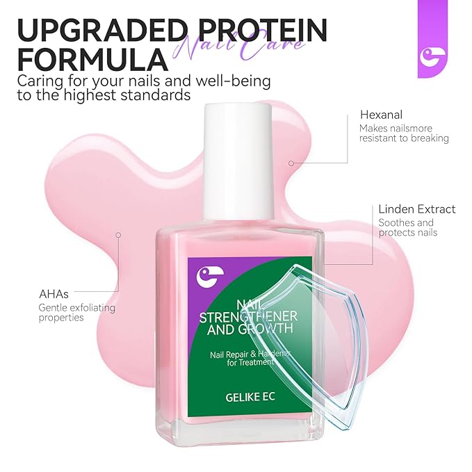 Gelike EC Nail Growth Treatment: Milky Pink 15ml Natural Nail Strengthener for Weak and Damaged Nails - Protein Nail Hardener for Home Salon Outdoor
