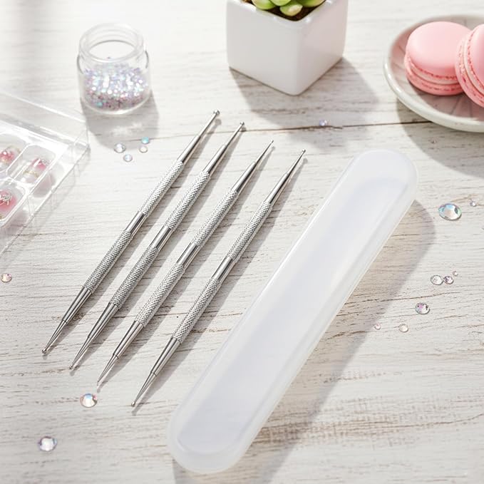 4 Pcs Double-Ended Dotting Tools, Professional Nail Art Brushes, Stainless Steel Nail Design Kit, Rhinestone Picker, Pottery and Polymer Clay Tools