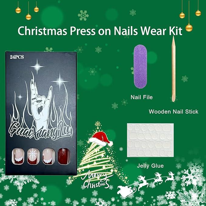Christmas Press on Nails Medium Square Fake Nails with Snowflake Christmas Hat Designs Xmas Red Glitter French Tip False Nail Winter Stick on Nail for Women 24 Pcs