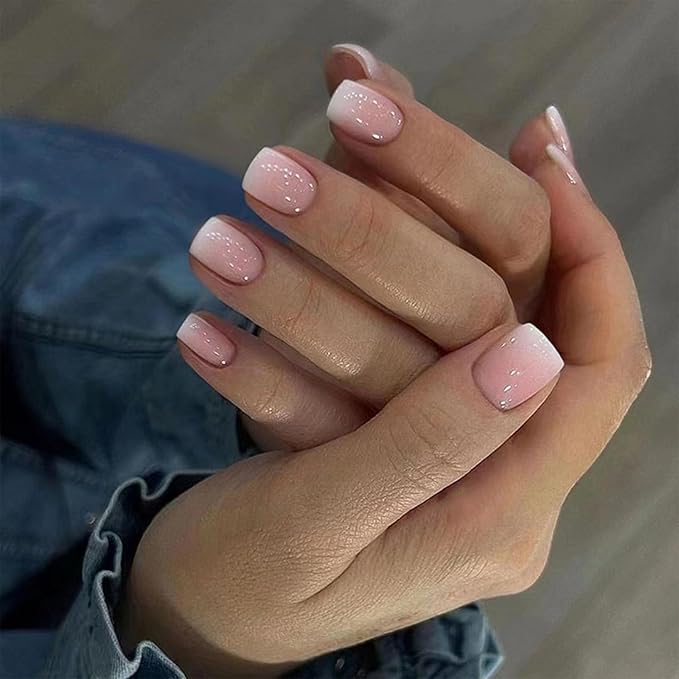 Short Press on Nails Square Ombre Fake Nails Pink Glue on Nails Press ons Cute False Nails with Design Solid Colour Acrylic Glossy Full Cover Artificial Stick on Nails for Women Manicure 24 Pcs