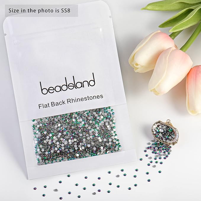 Beadsland Flat Back Crystal Rhinestones Round Gems for Nail Art and Craft Glue Fix, Green Volcano, 2.3-2.5mm, SS8/1440pcs