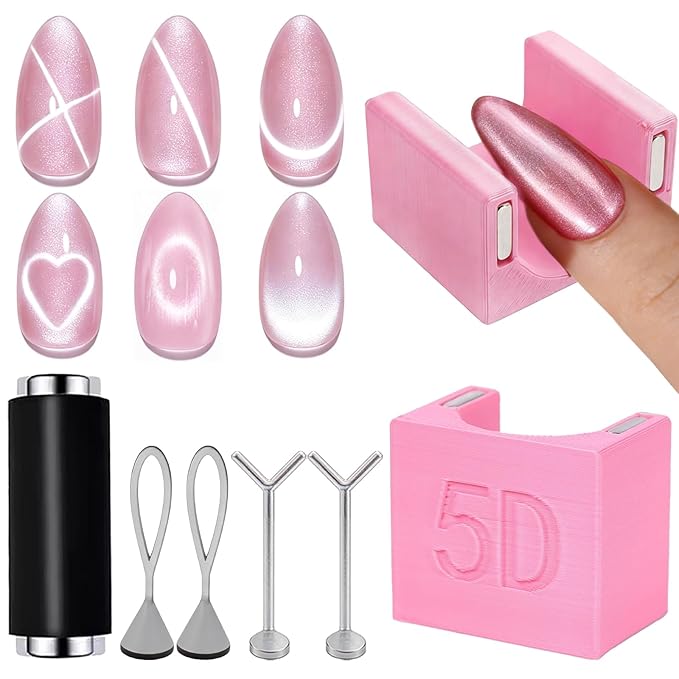 WOKOTO 2 PCS Cat Eye Magnet Set For Nails With 4 Pcs Y&O-Shape Iron Stencils, Powerful Cylinder Magnetic Pen And 5D Automatic Magnets, Heart&Circle Nail Design Magnets Tool Manicure Cateye Effect