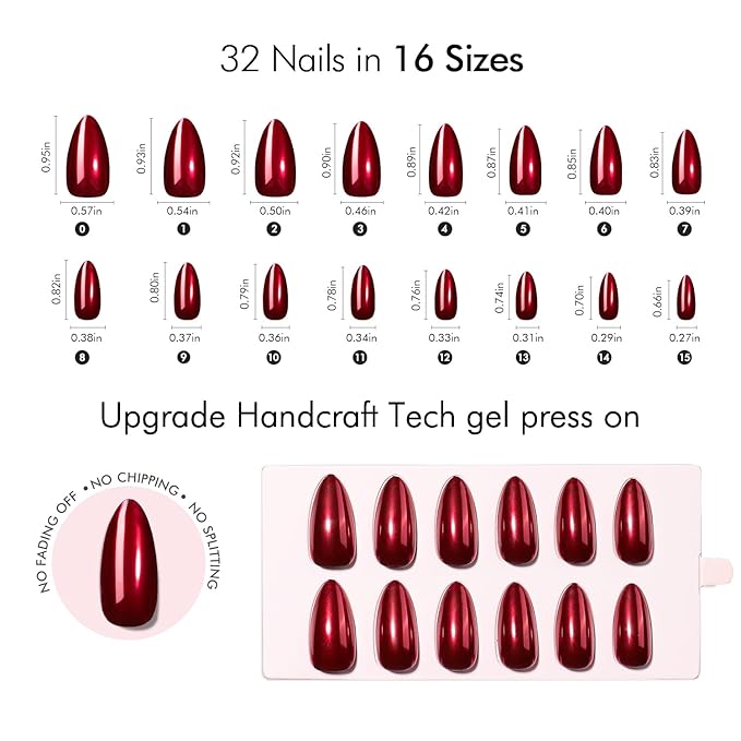 VSALON Press On Nails Almond, 32 Pcs 16 Sizes Red Press On Burgundy Chrome Metallic Medium Fake Nails With Glue & Cuticle Oil, Reusable Stick On Nails False Nails Kit
