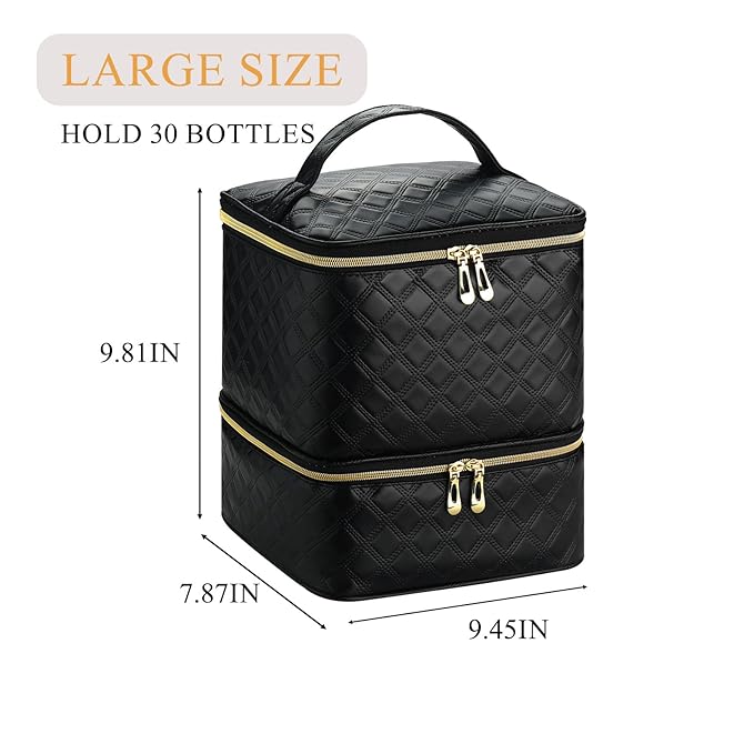 Upgraded Nail Polish Organizer Case - Holds 30 Bottles and 1 Nail Light, Double-layer Nail bag Organzier Case Nail Polish Storage Bag with Handles (Style B-Checker Black)