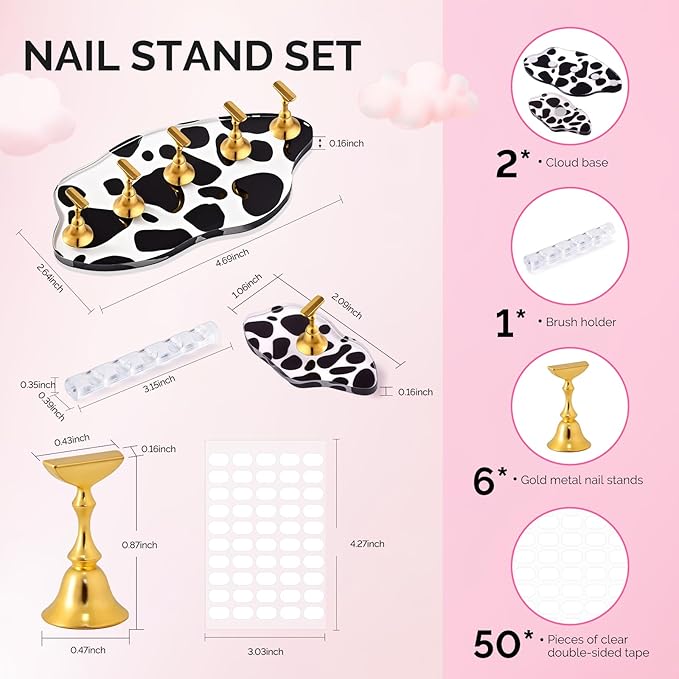 MelodySusie Update Nail Stand for Press Ons, 2 Spotted Cloud Magnetic Bases for Practice Painting Display Practice with Brush Holder and Reusable Double-Sided Tape for Home DIY Salon Supplies