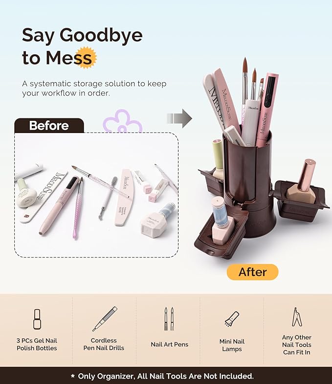 MelodySusie GelCarousel for Nail Polish Bottle Holder and Nail Art Tools Organizer, 360° Rotating Storage Container with 3Pcs Detachable Silcone Gel Polish Holder, Brown(Only Box)