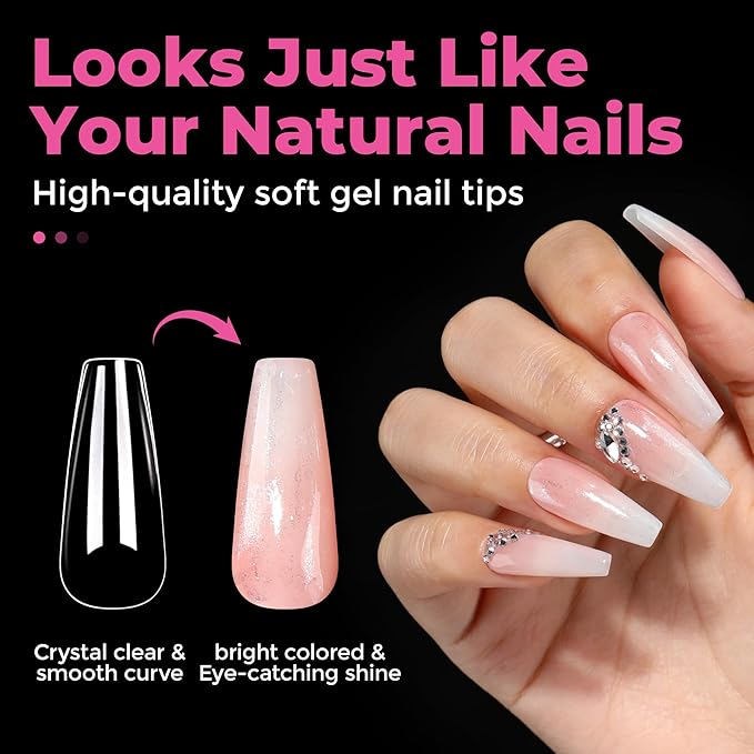 UNA GELLA Long Coffin Nail Tips, 216pcs Clear Long Coffin Gel Nail Tips False Fake Press on Nails Tips Full Cover Acrylic Nails Coffin Shaped For Nail Extension DIY Salon Soft Gel Tips 12 Sizes
