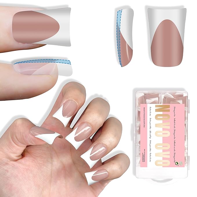 NOVO OVO Short Duck Nail Tips French Tip Press On BROWN PINK, Pre-designed Soft Gel Nail Extension, Need Buider Gel Top Coat, No Glue included, Full Cover Acrylic False Nails for DIY x 12 Sizes 240 pc