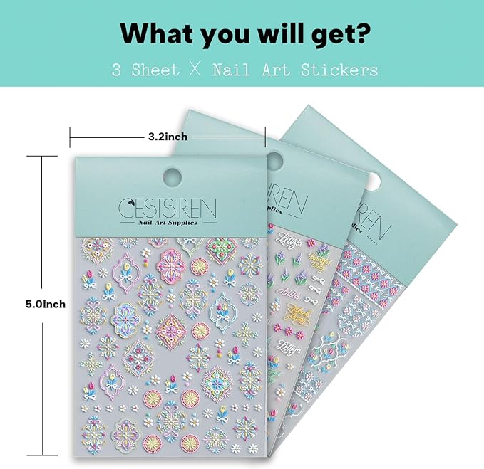 Colorful Bohemian Nail Art Stickers, Summer Spring Flower Nail Decals, Self-Adhesive, Nail Accessories for Women, Nail Decorations 3 Sheets