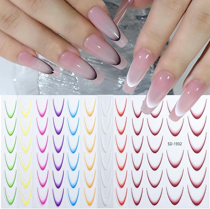 9 Colors French Manicure Nail Art Stickers, 3D Gradient French Tip Stickers Self-Adhesive Nail Decals for DIY Nail Art Decoration 9 Sheets