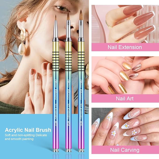 3Pcs Acrylic Nail Brushes Set Size 2 4 5, Kolinsky Hair Acrylic Nail Art Brush, Art Design & Polish Mistake Cleaning Manicure Tools for Women Acrylics Application, Gradient