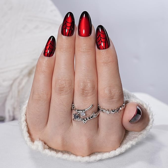 Red Spider Web Cat Eye Press On Nails Short Almond, Glossy Reusable Press On Nails for Women, 32 Count 16 Sizes Nail Kit with Glue (SV-10)