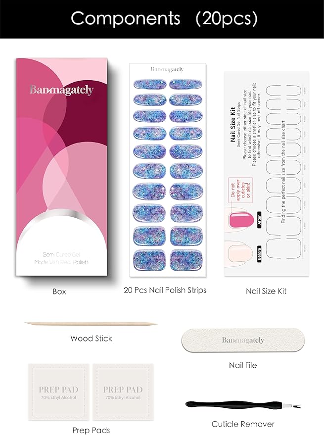 Semi Cured Gel Nail Strips, 20Pcs Long Lasting Salon Quality Wraps, Easy Apply & Remove Gel Nail Stickers with UV Light (Frost Shard Blue)