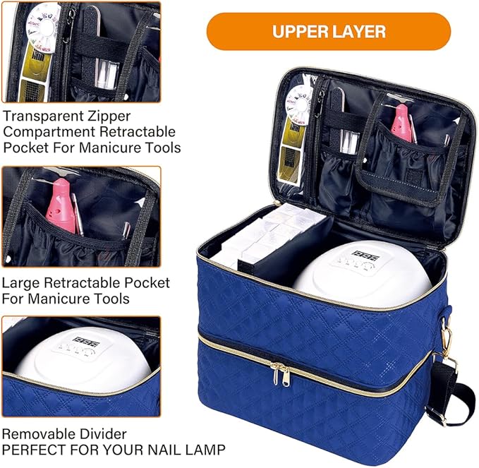 Nail Polish Organizer Case Holds 40 Bottles(15ml/0.5fl.oz) and Nail Lamp, Double Layer Nail Polish Storage with Adjustable Dividers,Portable Carrying Bag for Nail Kit, Manicure Tools Blue
