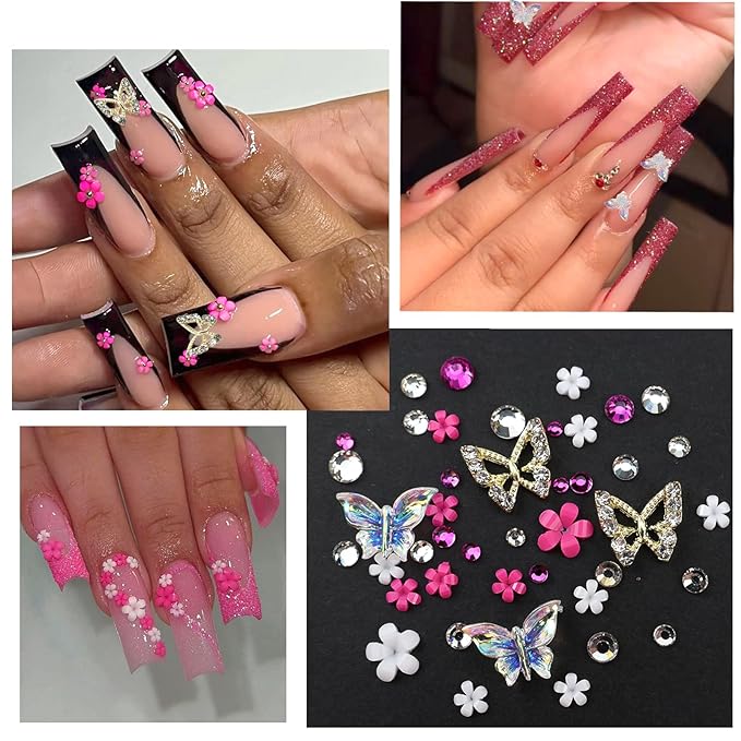 4 Boxes Pink Red Nail Gems Bow Flower Nail Charms for Acrylics - Irregular Crystals, Nails Rhinestone & Accessories for Women Nails Art Design Nails Decor(Pink & Red)