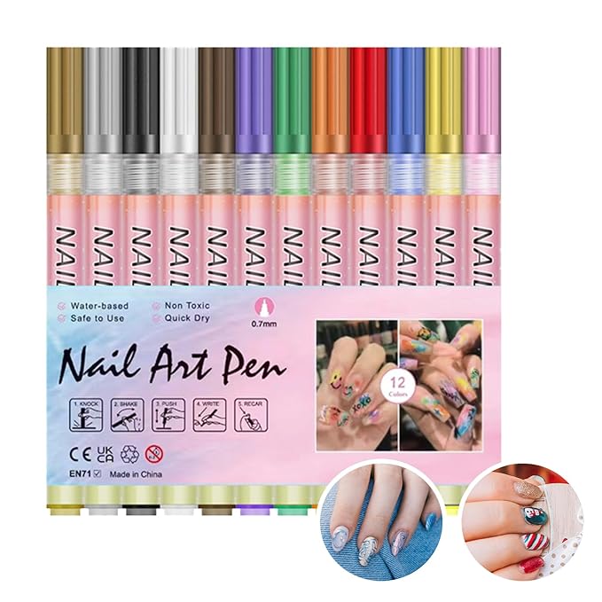 Nail Art Pens Set,12 Colors Nail Polish Graffiti Pens, Nail Varnish Pens, Waterproof Quick Dry Nail Drawing Pen, Acrylic Marker Pens 0.7mm Fine Tip Nail Point Graffiti Pens Nail Art Kit