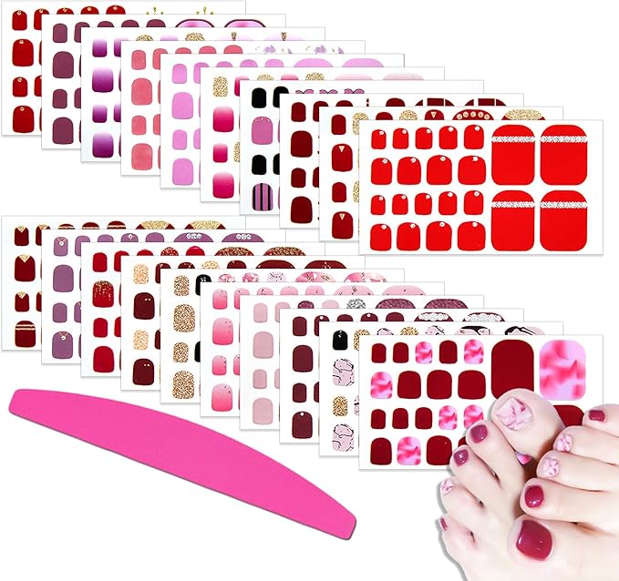 SILPECWEE Toe Nail Polish Strips Red Full Nail Wraps for Women Self Adhesive Nail Polish Stickers Gel Nail Strips Toenails Nail Art Decoration with 1pc Nail File (20 Sheets)