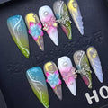 100% Handmade Press on Nails Long Stiletto Fake Nails 5D Flower Glue on Nails Ombre Green False Nails Butterfly Bow Charms Water Ripple Handmade Nail for Women Girls Daily Wear Manicure 10pcs Size L