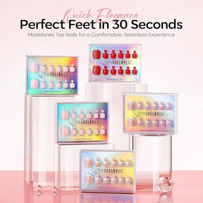 Modelones Press on Toenails Short, Soft Pink Toe Press on Nails Square, Reusable Nail Kit with Nail Glue Adhesive Tabs Mini Nail File, Toe Nails 36Pcs 18Sizes, Spring Women Girl Gift
