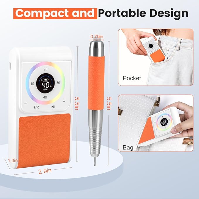 Professional Nail Drill, 40,000RPM Electric Brushless Nail Drill, Rechargeable, Portable, Touch Control, Quiet, Vibration-Free, Cordless Nail File Machine with 7PCS Drill Bits