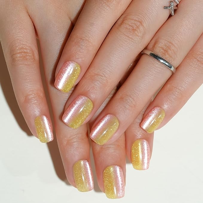 Press on Nails Short, Jofay Fashion Fake Nails, Two-color Ombre Cat Eye Press on Nails, Summer Acrylic False Nails, Reusable Stick on Nails for Women Girls, Glue on Nails Kit 32 Pcs, Sunny Beach