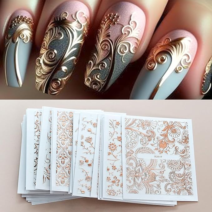 30 Sheets Rose Gold Nail Art Stickers Decals, 3D Baroque Floral Design Self Adhesive Nail stickers, Gold Line Nail Art Decals for Acrylic Nails Women and Girls Nail DIY Supplies Decoration Accessories