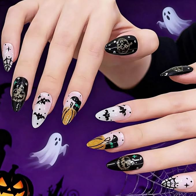 10pcs Almond Press on Nails - Halloween White Black False Nails with 3D Bat, Pumpkin & Cobweb Designs, Reusable Acrylic Press on Nails for Women (Spooky Vibes,S)