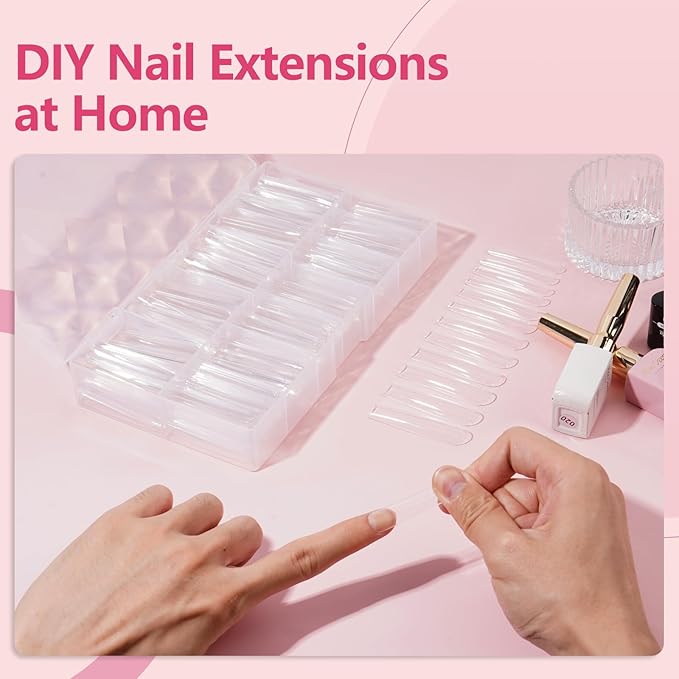 Quaferen Clear Square Nail Tips, 504Pcs XXXL Extra Long Tapered Square Straight Acrylic Nail Tips, Full Cover No C Curve Gel False Nail Extension Tips for Nail Art