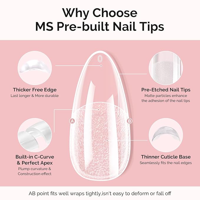 MelodySusie Medium Almond Gel Nail Tips Kit-300PcsPre-Building Apex Fake Nail Tips 20g Solid Nail Glue Gel,Half Matte Full Cover Clear Acrylic Nail,15Sizes Thick Strong Long Lasting for Home DIY&Salon