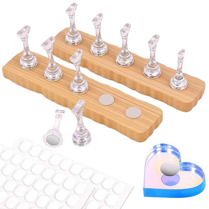 Nail Stand for Press Ons, Nail Holder for Painting Nails, 2 Set Press on Nail Holder, 1 Heart Shaped Acrylic Magnetic Fake Nail Stands for Nail Art Display Home Salon DIY Supplies