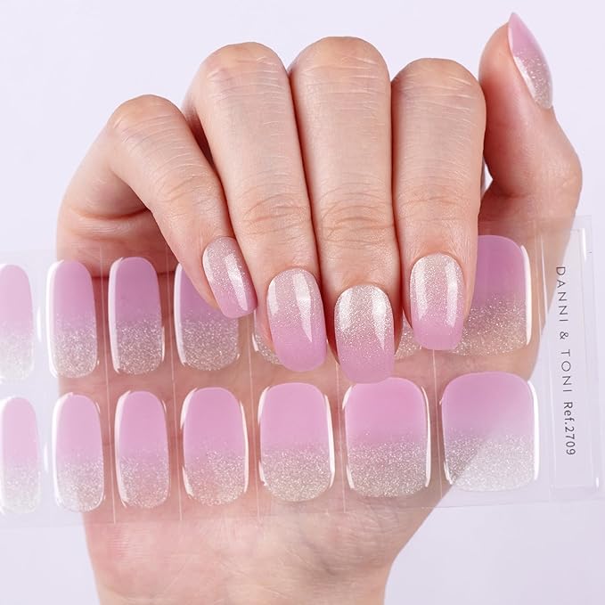 DANNI & TONI Semi Cured Gel Nail Strips Lavender Gradient (Lilac Sheen) Fine Glitter Ombre Gel Nail Wraps 28 Stickers