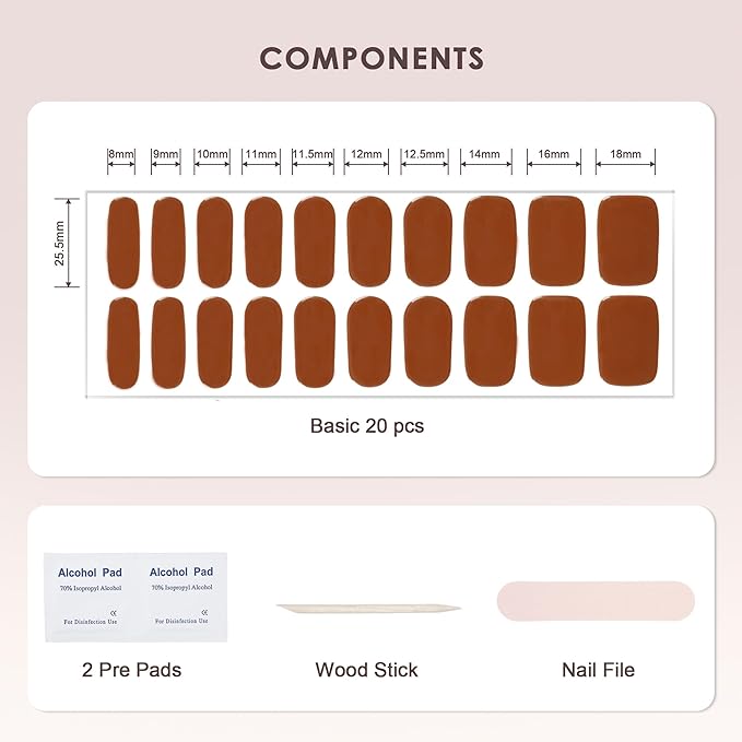 Semi Cured Gel Nail Strips – Real Gel Nail Polish Wraps for Brittle Nails | Waterproof Long Lasting Easy Peel-Off Removal | Hema-Free | 20-Piece Brick Red Salon Kit with File & Stick