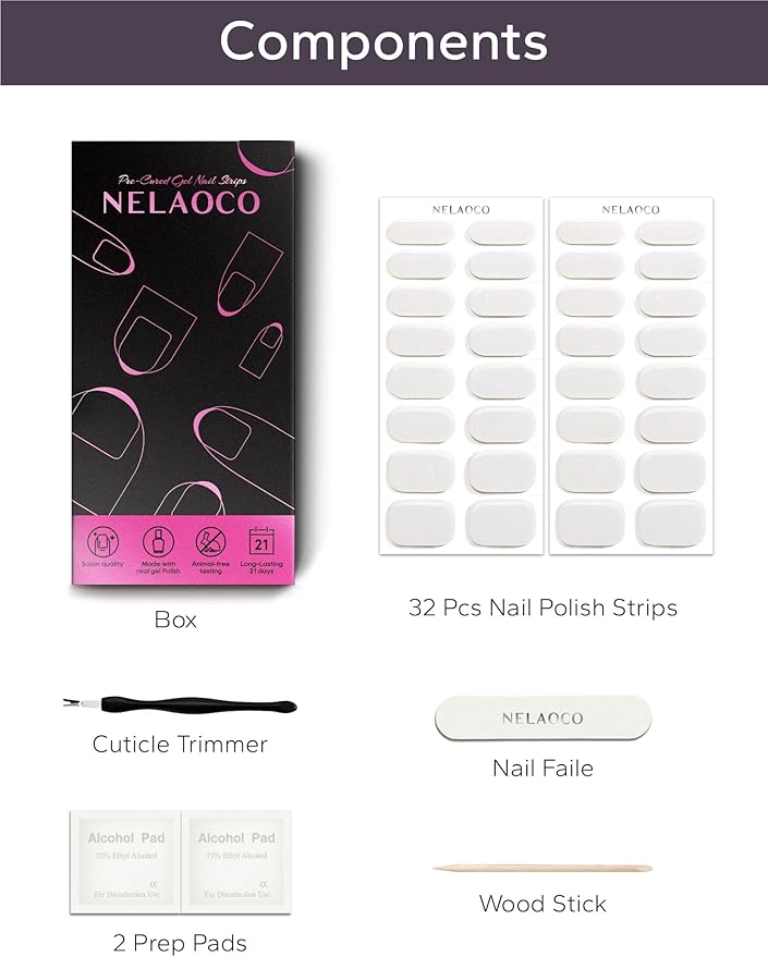 Nail Polish Strips – 32PCS UV Free Salon Quality Wraps, Long Lasting Gel Nail Stickers for Women (White Mists)