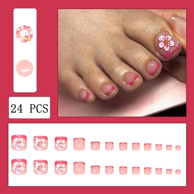 24pcs Pink French Tip Press on Toenails Short Square Pink White Flower Fake Toe Nails Kit with Pearl Gold Beads Lily Designs Summer Floral Full Cover False Toenails for Women Manicure Decoration