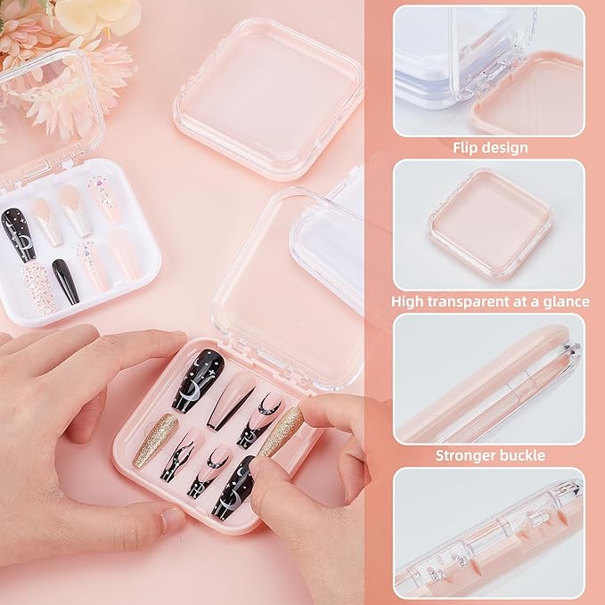 NICENEEDED 4 Pcs Plastic Press on Nail Storage Box, Fake Nails Packing Cases, Transparent Nail Organizer Display Boxes with Adhesive Double Sided Tape for Home DIY Nail Salon