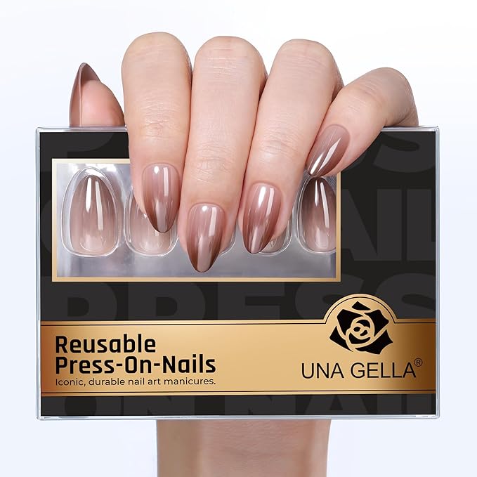 UNA GELLA 32Pcs Soft Gel Press on Nails - 16 Sizes Brown Ombre Chrome Almond Glue on Nails, Reusable Metallic Gradient Short Almond False Nails, Full Cover Acrylic Nail Kit for Women DIY Home Manicure
