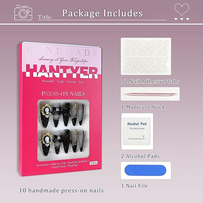 Gothic Press on Nails, Long Stiletto Matte Nails, Baroque Cameo & 3D Camellia Design Salon Quality, Reusable Nails with Bow Steel Beads Accents, Dark Princess Style for Women(Size S)